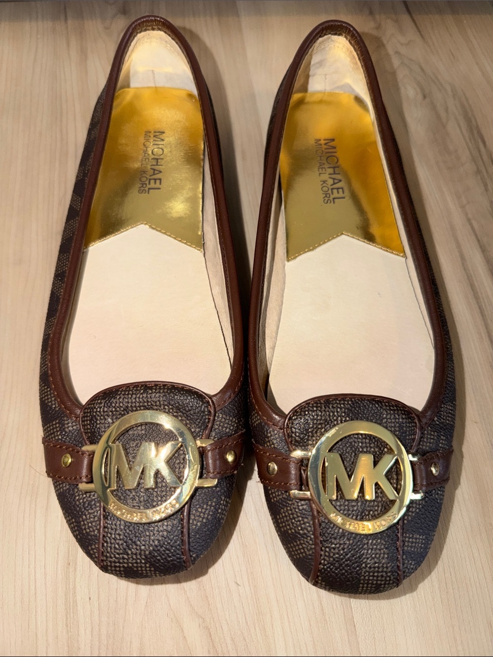 Michael Kors Brown & Gold MK Logo Ballet Flats